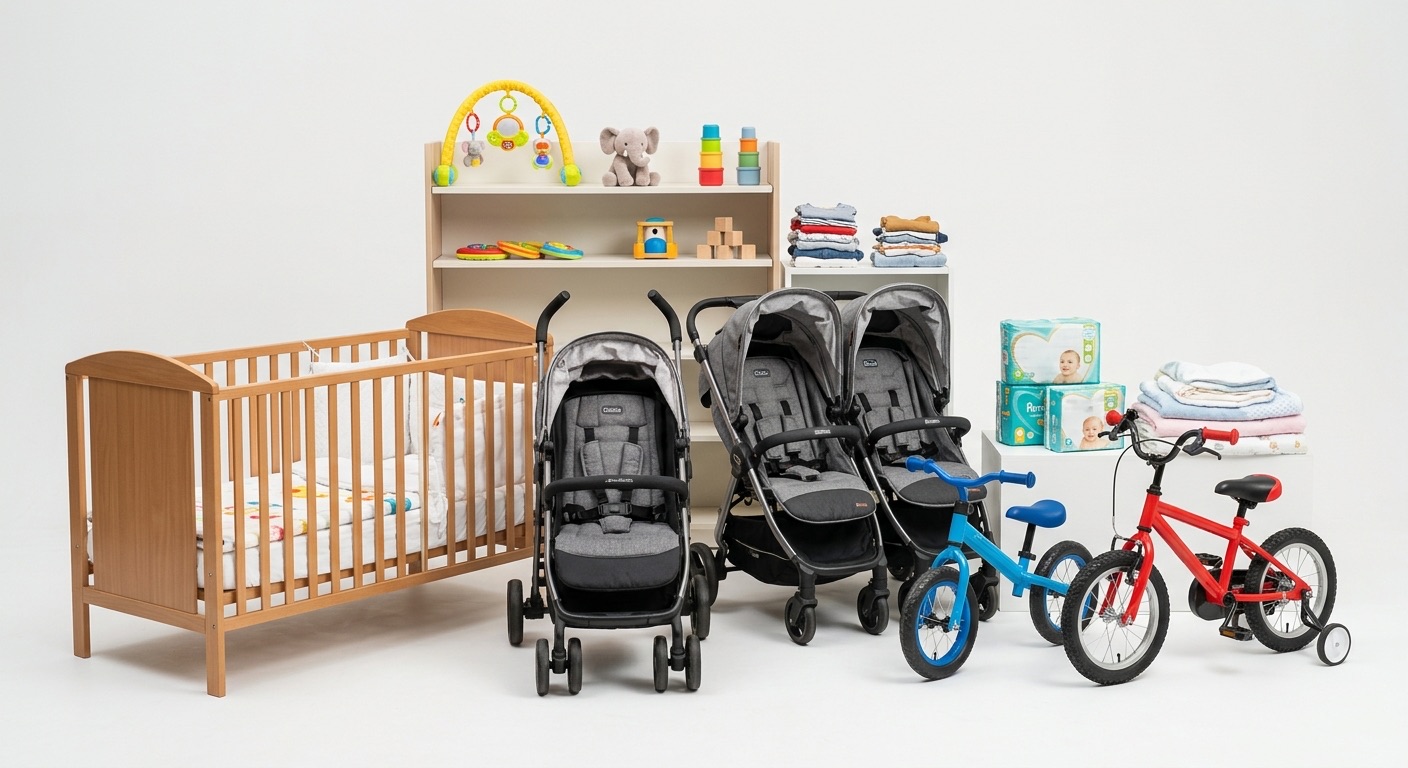 Lit bébé, poussettes, vélos d'enfant, vêtements bébé et jouets premier âge